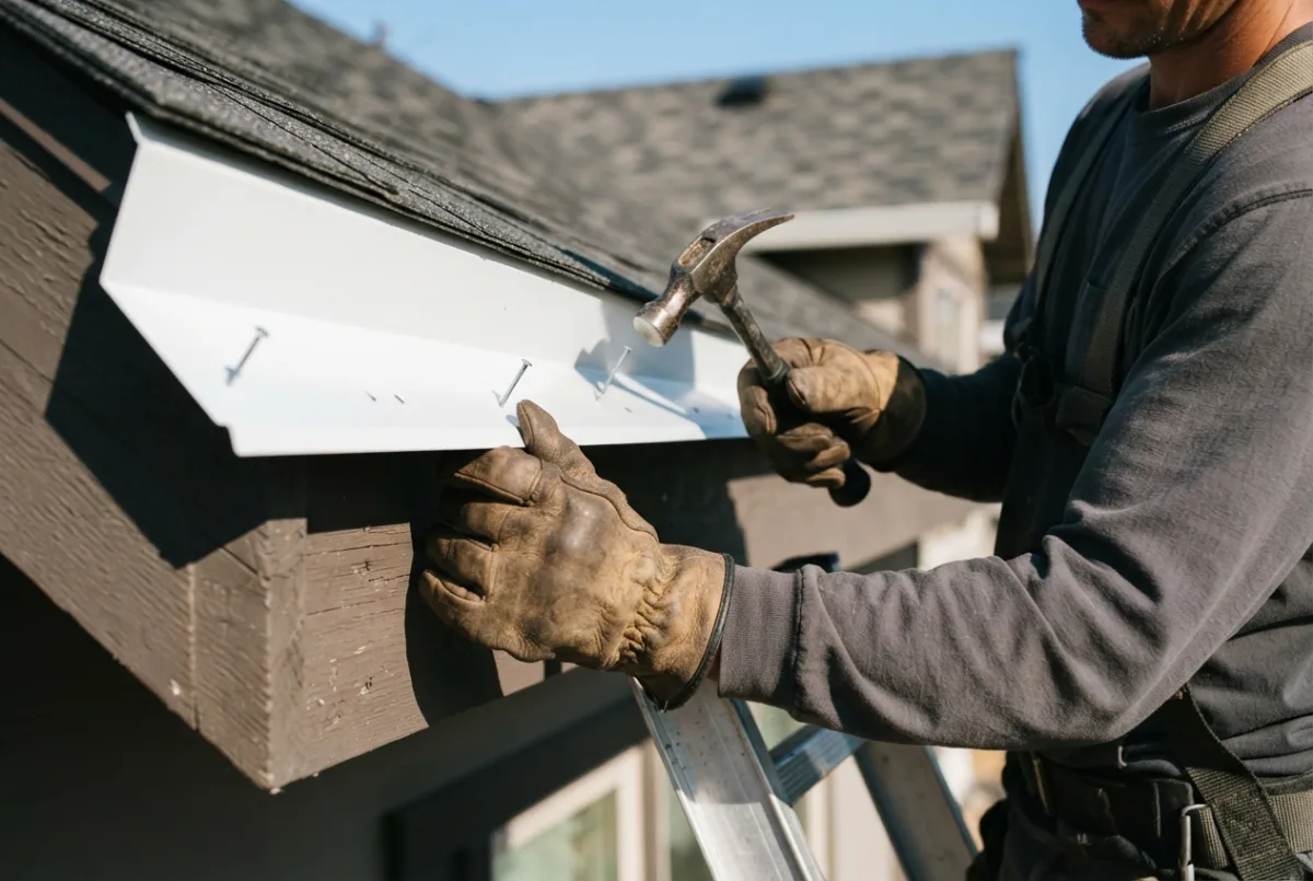 Metal drip edge flashing being fitted along a roof eave