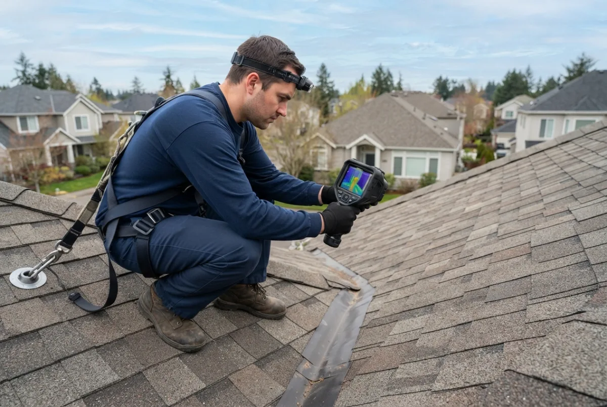 Thermal imaging camera used to trace moisture under a roof surface