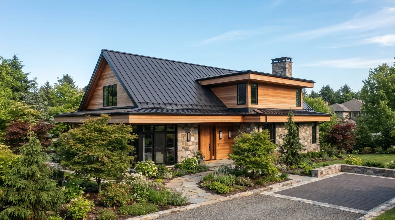 Standing seam metal roof panels running the full length of a roof slope