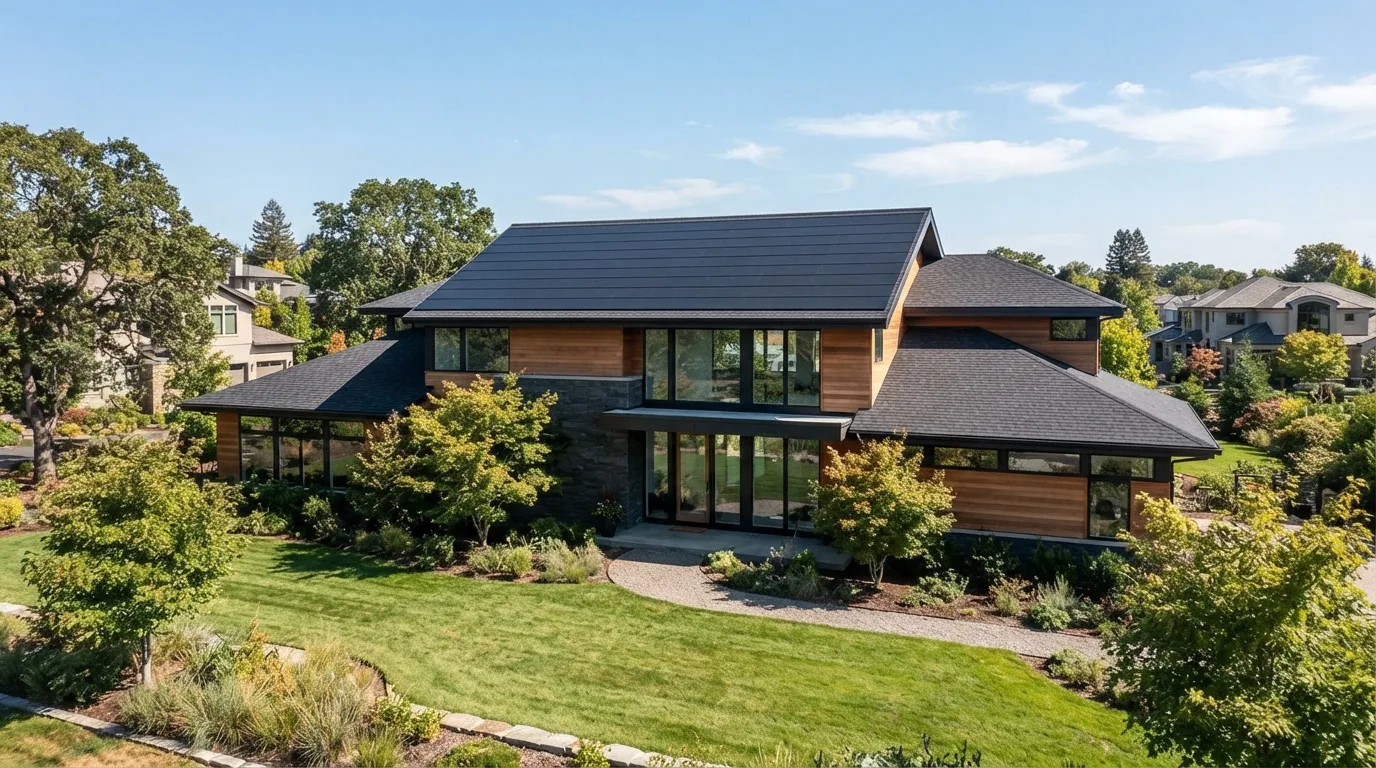 Contemporary house with a shallow, nearly flat roofline over the main structure