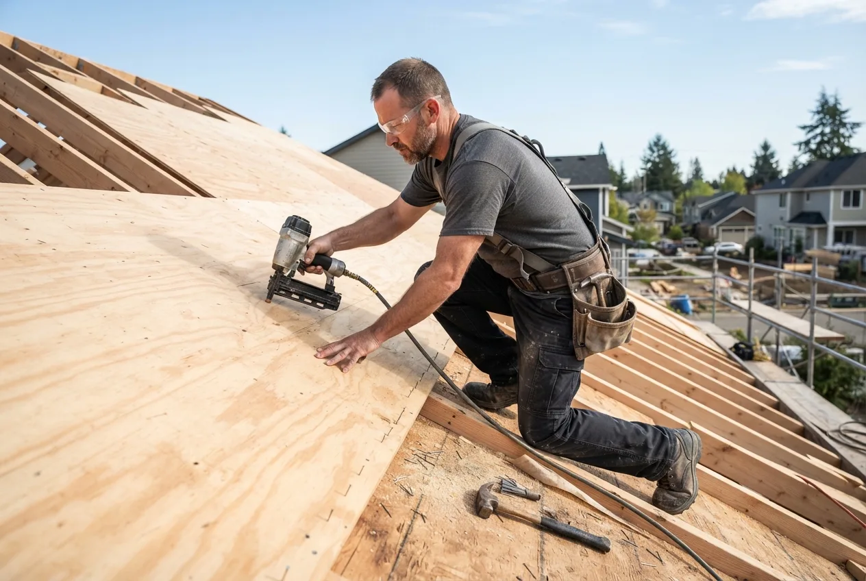 New plywood sheathing being fastened over roof framing on a new build