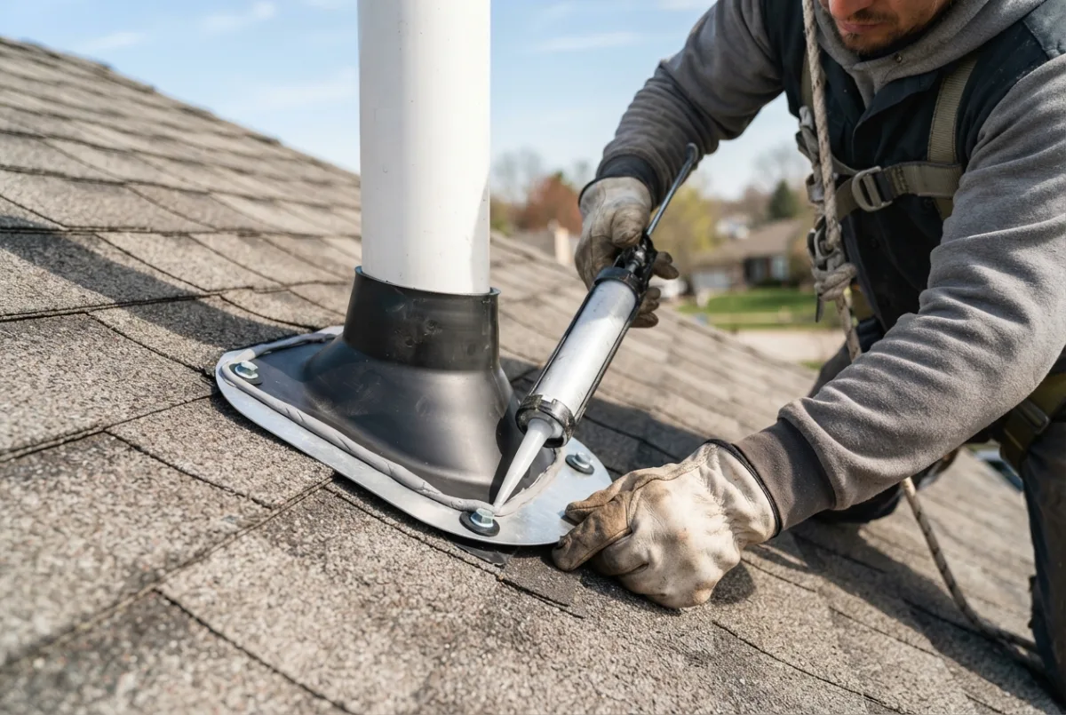Sealing the flashing collar around a plumbing vent pipe on an asphalt shingle roof