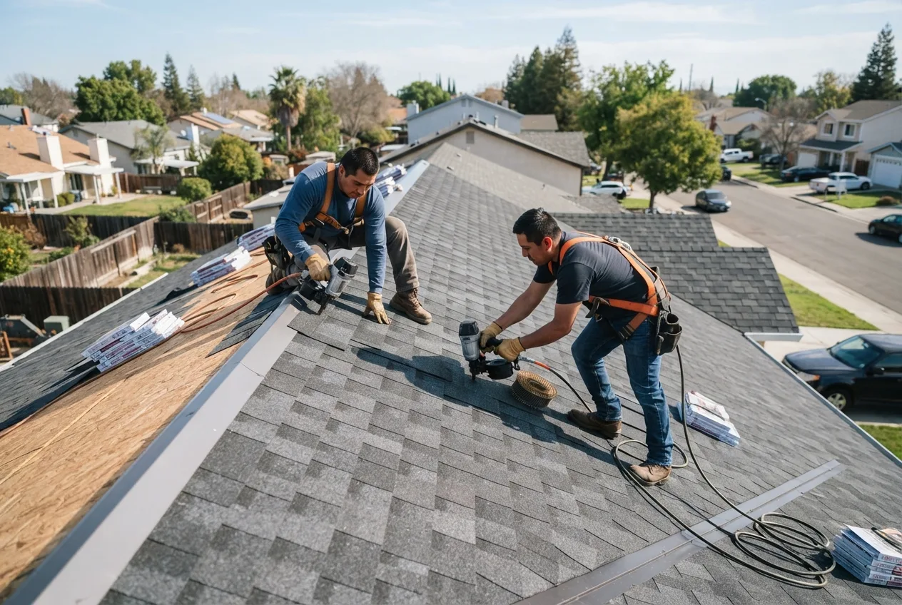 Architectural composite shingles being fastened during a re-roof, with exposed decking alongside