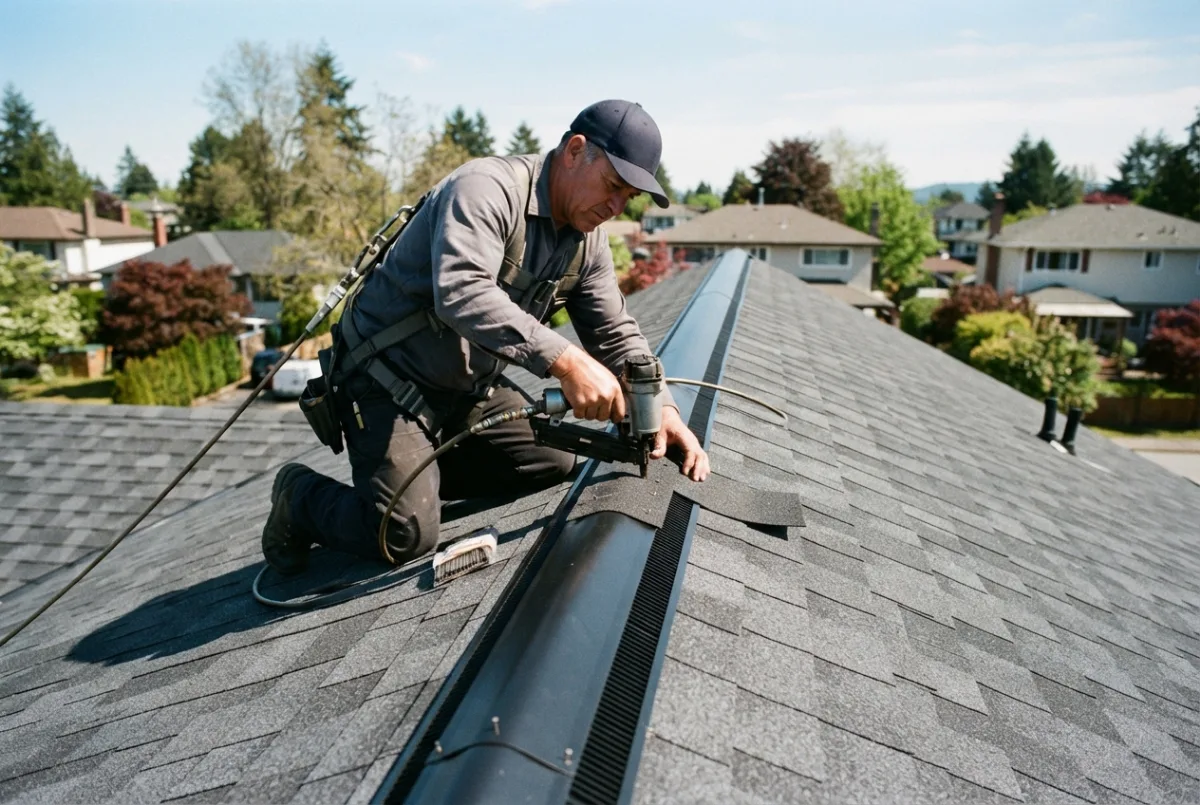 Ridge vent being fitted along the peak of a shingled roof
