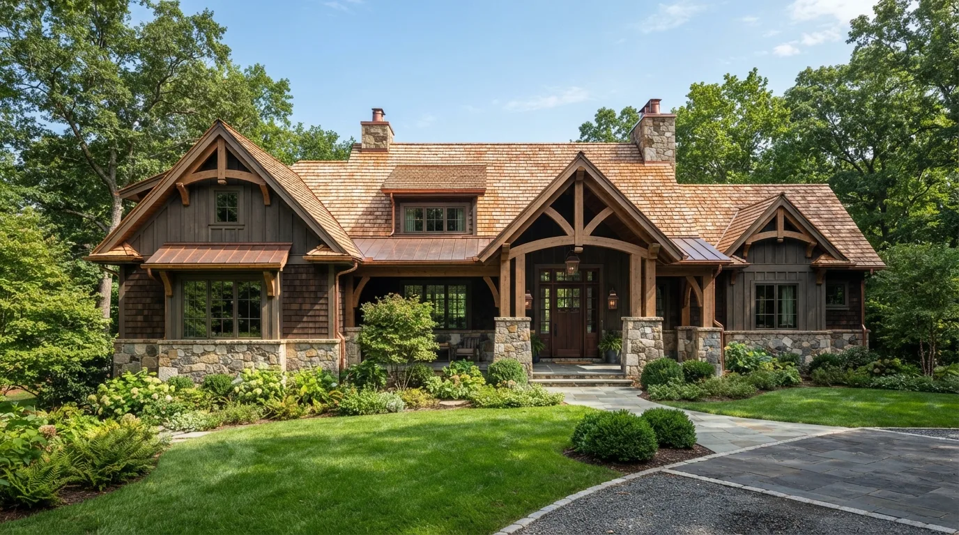 Home with a wood shake roof and stone detailing