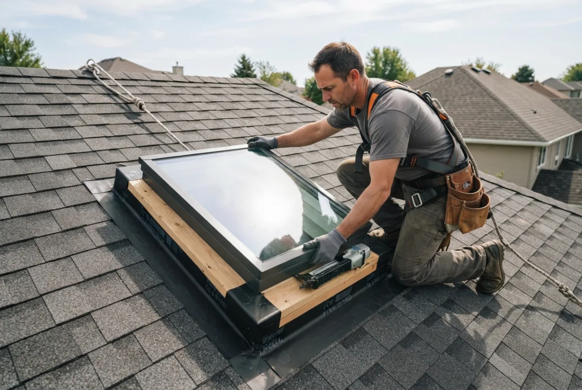 Curb flashing being sealed around a skylight