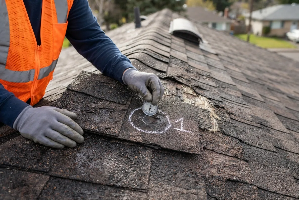 Close inspection of storm-damaged shingles on a residential roof