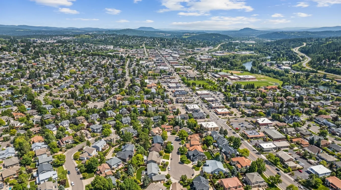 Elevated view across the roofs of a suburban residential street