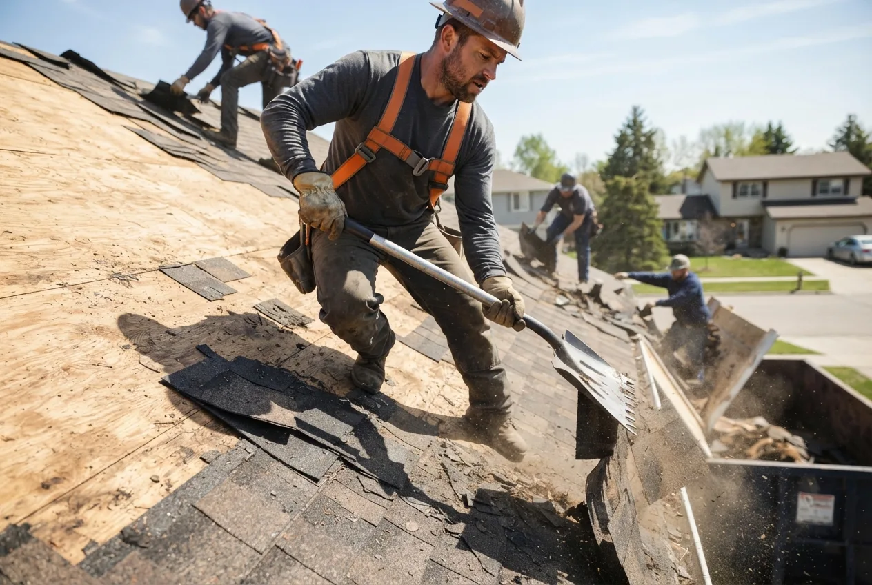 Old shingles being stripped from a roof down to the decking