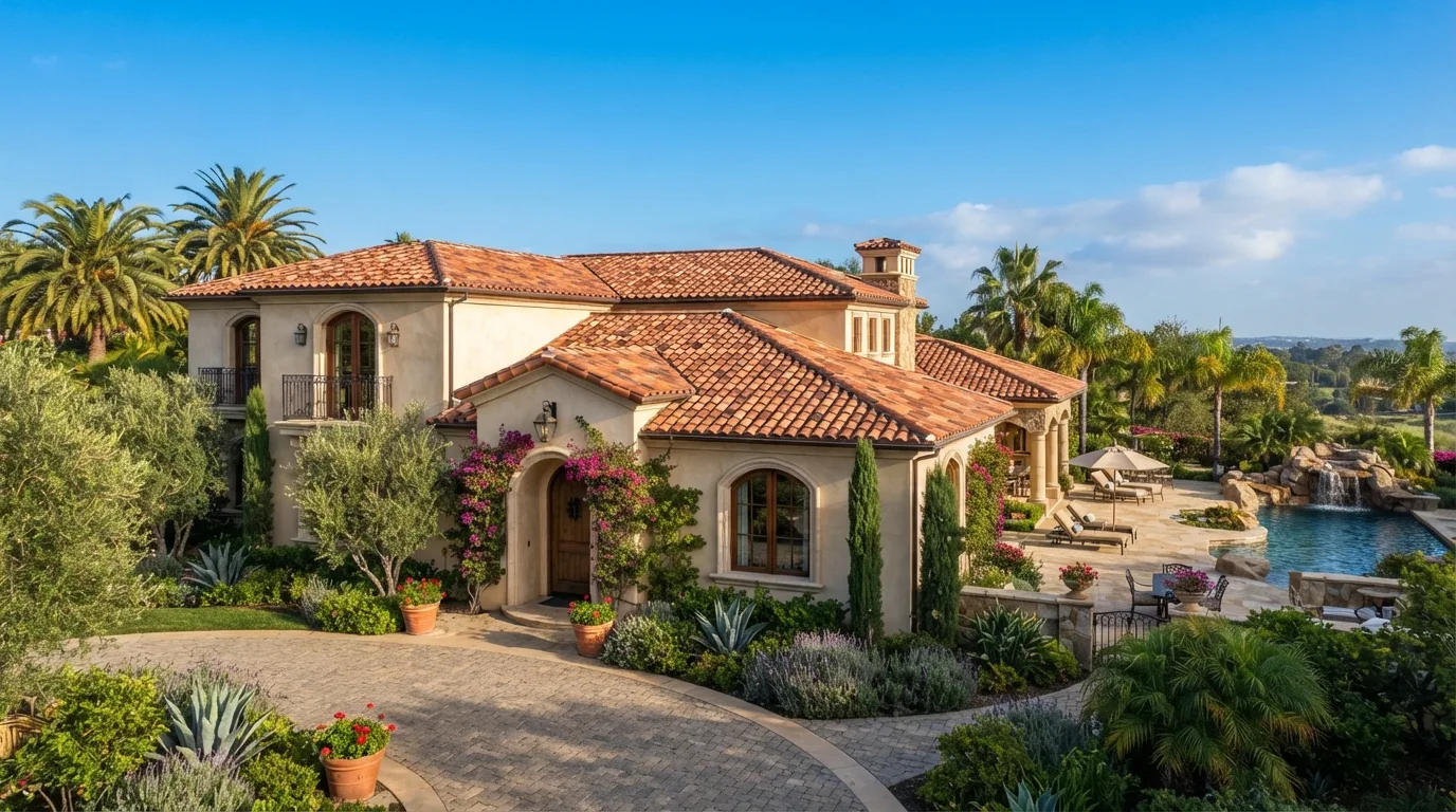 Single-family home roofed in clay barrel tile under a clear sky