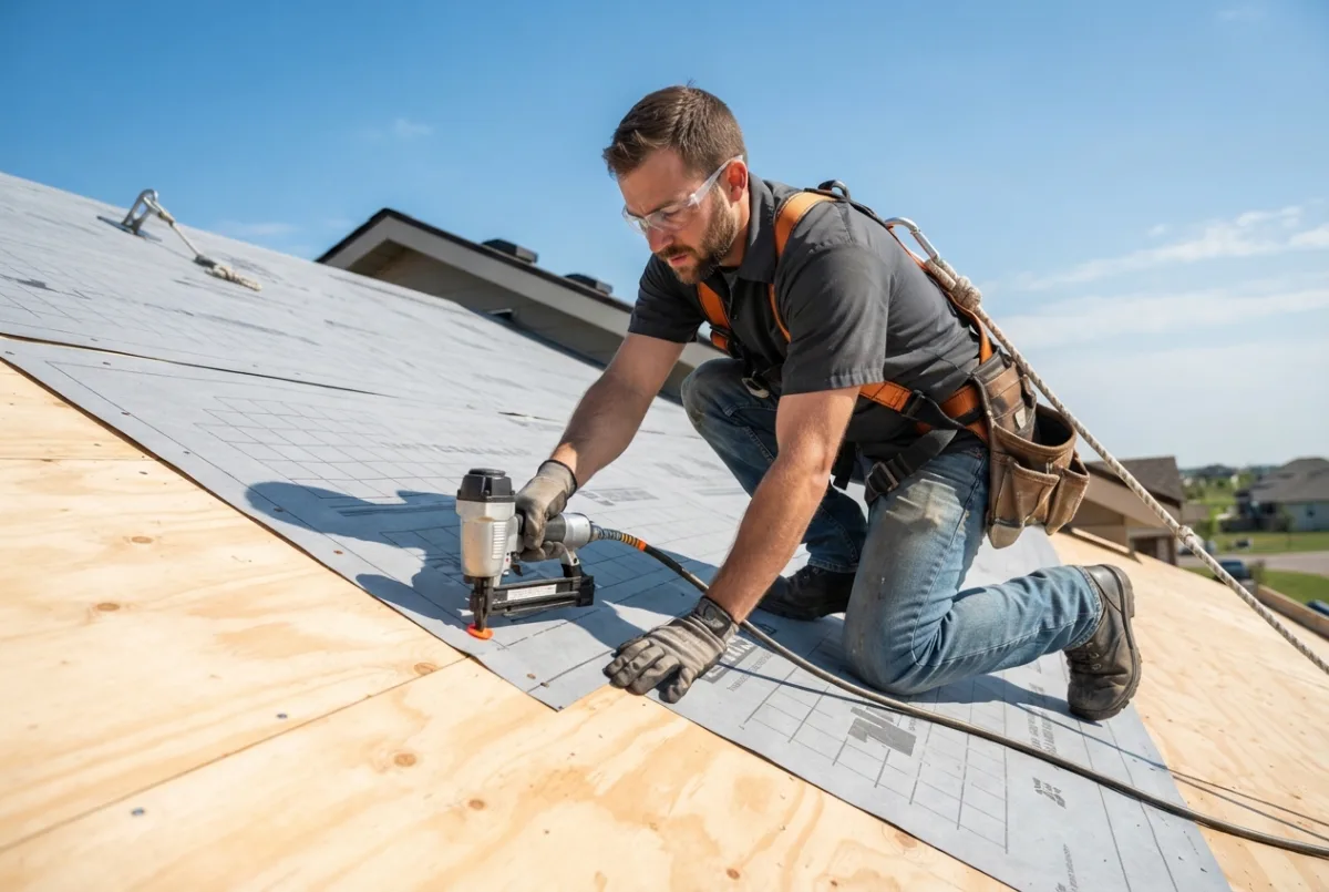 Synthetic underlayment being fastened across a roof deck