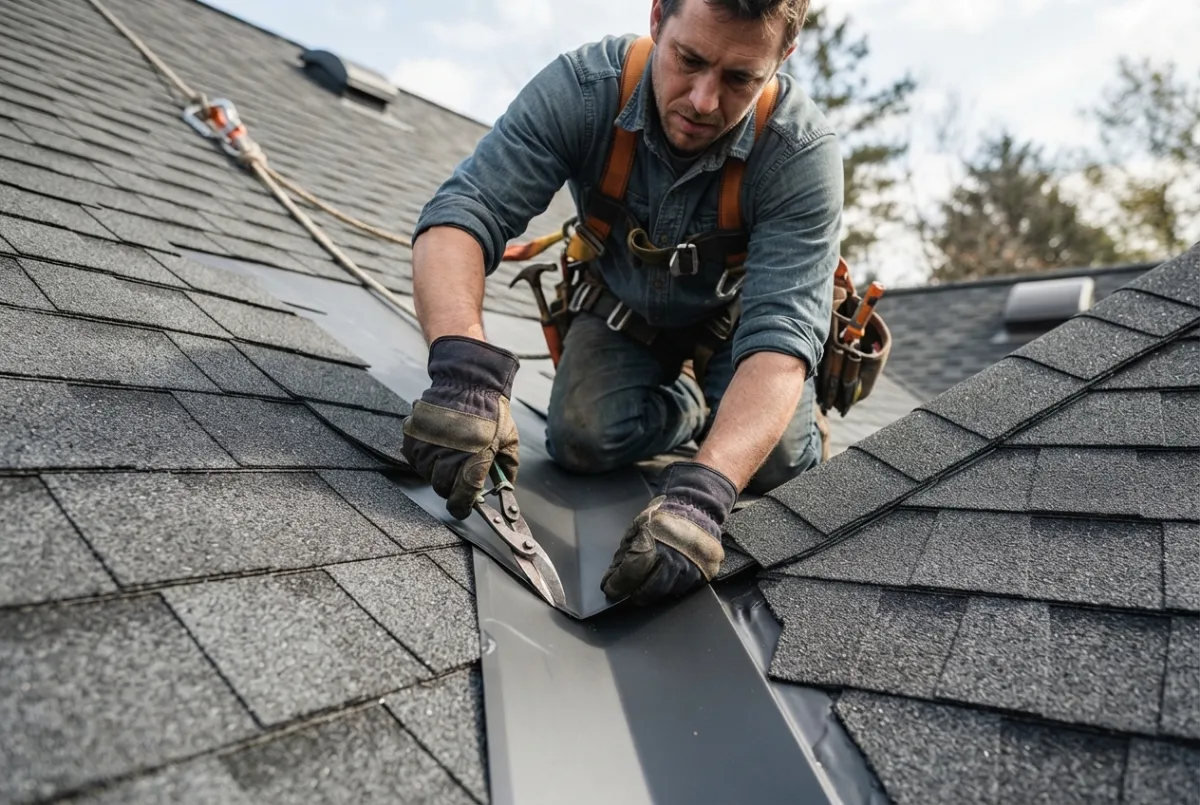 Metal valley flashing set between two roof planes